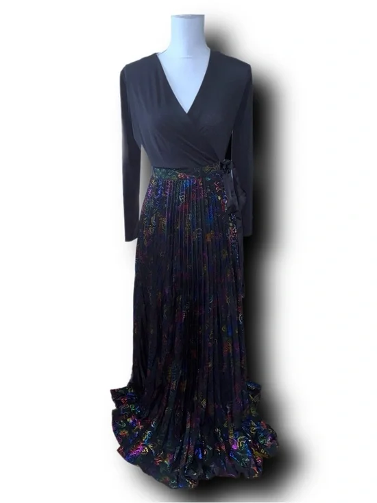 Formal Wrap Dress With Black Top & Pleated Rainbow Foil Maxi Skirt - Picture 3 of 7